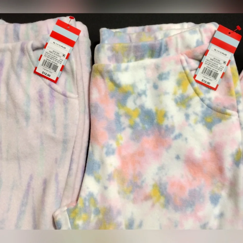 Girls XL Plus Fleece Pants Joggers PJ Bottoms Tye-Dye 2 Pair Lot 14 16 Soft New - Picture 2 of 12